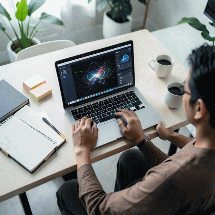 Seseorang bekerja di meja kerja modern, dikelilingi oleh alat bantu dan laptop yang menampilkan antarmuka AI abstrak, fokus pada proses penciptaan ide produk digital.