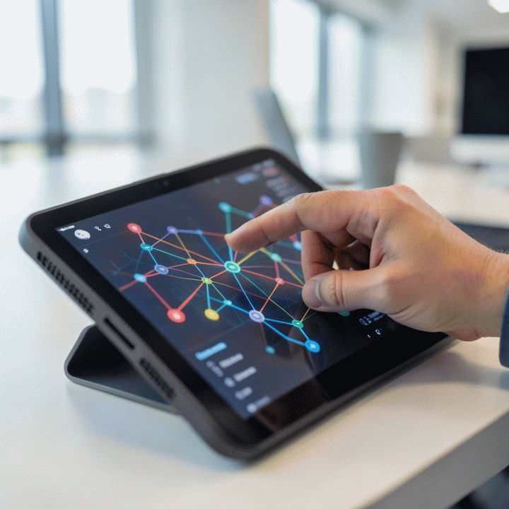 Tangan profesional berinteraksi dengan tablet yang menampilkan visualisasi data pasar yang kompleks dan abstrak, melambangkan proses analisis niche.