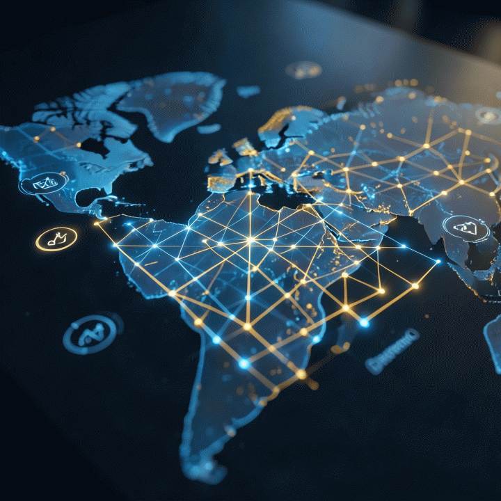 Futuristic visualization of digital market analysis, showing interconnected data points representing competitor insights and market opportunities.