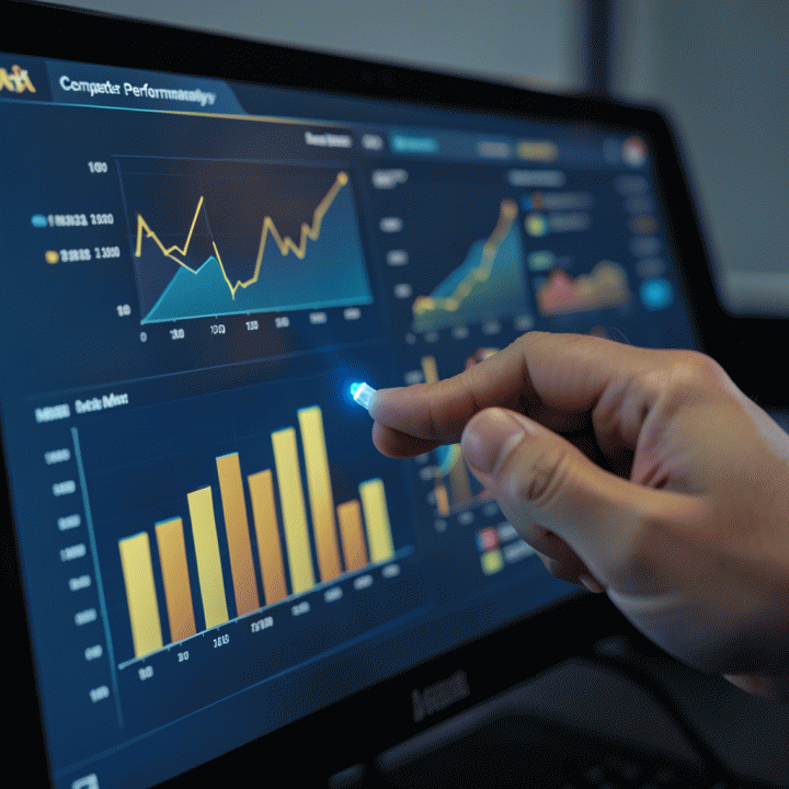 Digital dashboard visualizing competitor market analysis with heatmaps and data charts.