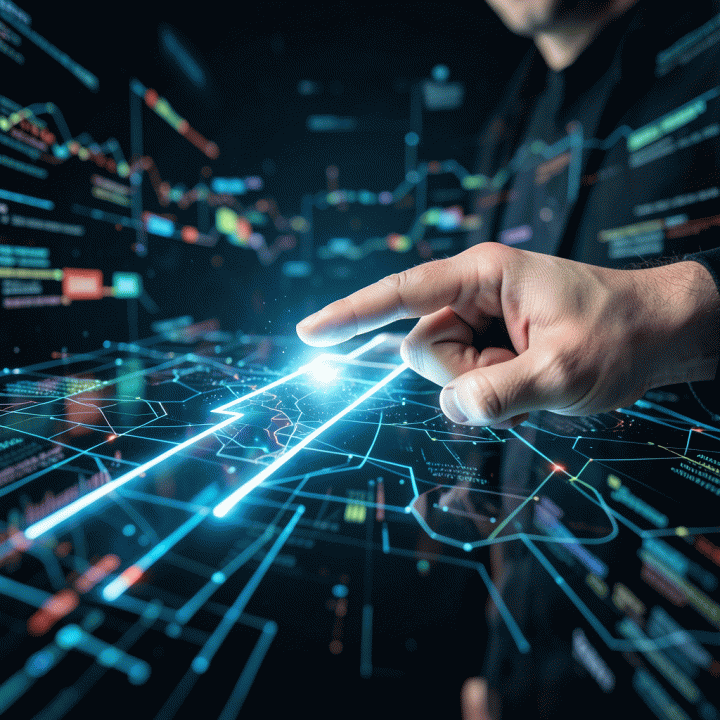 Hand identifying a market gap or opportunity in a digital landscape, symbolizing finding a unique business niche.