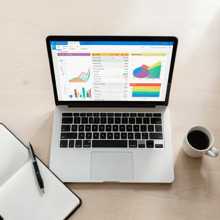 Tampilan overhead meja kayu yang rapi dengan laptop menampilkan spreadsheet anggaran keluarga yang terorganisir, menunjukkan perencanaan keuangan yang efektif.
