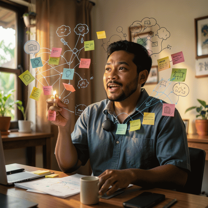 Ilustrasi visualisasi proses brainstorming yang intens dan penuh ide, menunjukkan pencerahan kreatif.