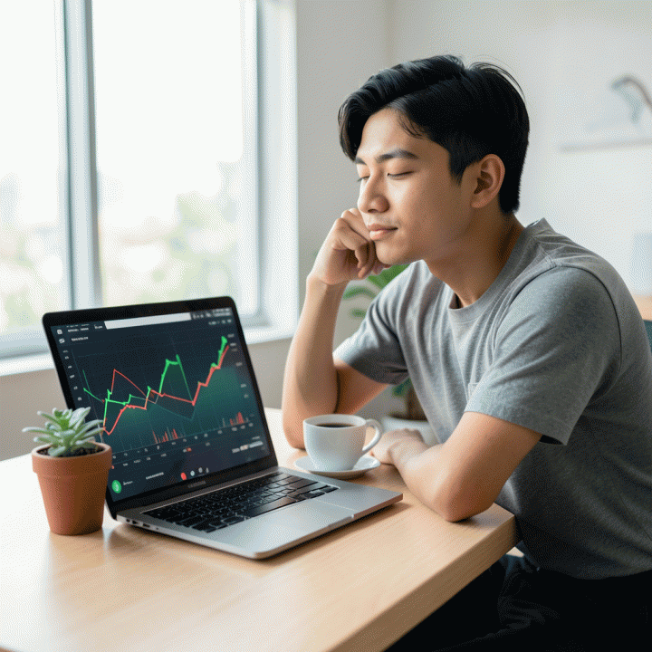 Seorang milenial Indonesia yang tampak lega dan fokus di meja kerja modern, menunjukkan kontrol dan kejelasan dalam mengelola keuangan utang dengan visualisasi grafik keuangan yang positif.