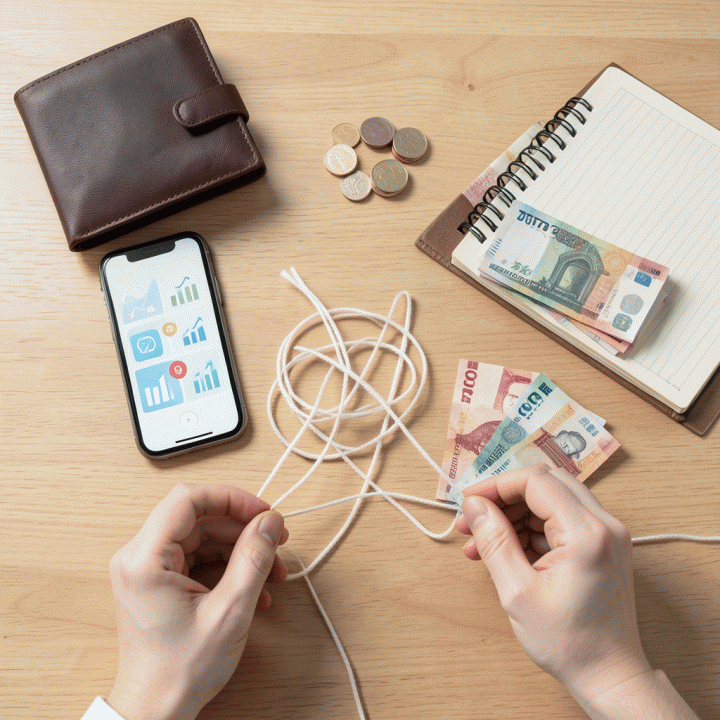 Tampilan atas (flat lay) yang terorganisir dari berbagai alat keuangan (dompet, ponsel, buku catatan) yang dikelilingi oleh tangan yang sedang secara sistematis melepaskan simpul utang yang rumit, melambangkan pengelolaan keuangan yang terstruktur.