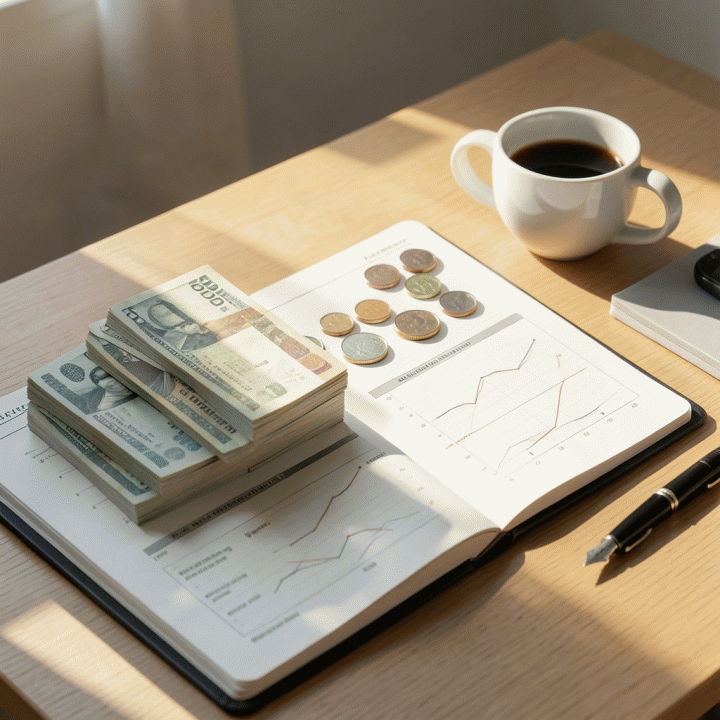 Foto close-up fotorealistik meja kayu minimalis yang tertata rapi dengan buku perencanaan keuangan terbuka dan cangkir kopi. Suasana pagi hari menunjukkan awal perencanaan keuangan yang terstruktur.
