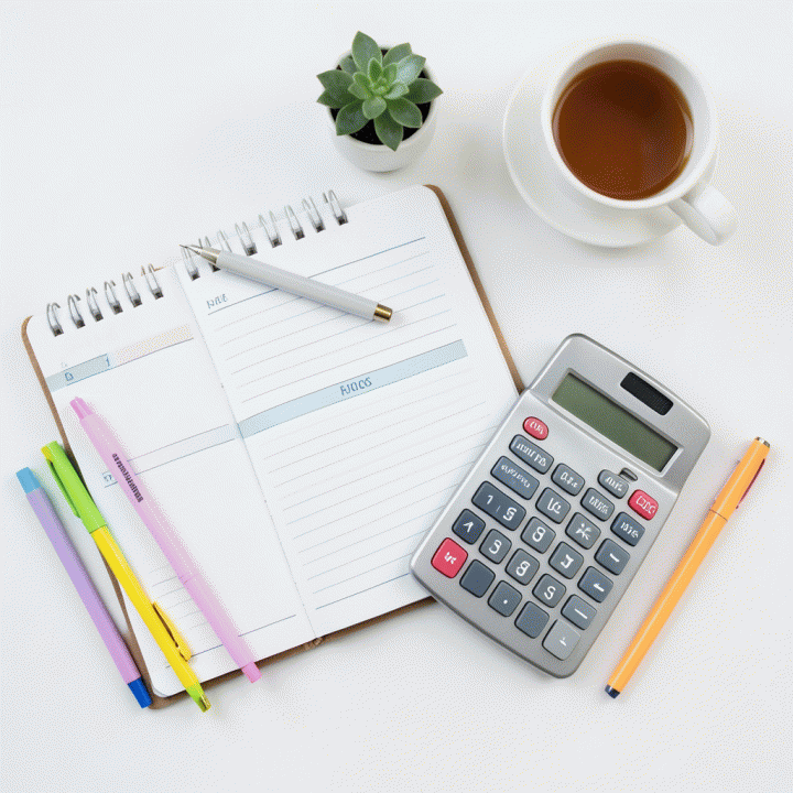 Tampilan atas alat-alat budgeting yang terorganisir seperti buku catatan, kalkulator, dan pena, melambangkan perencanaan keuangan.