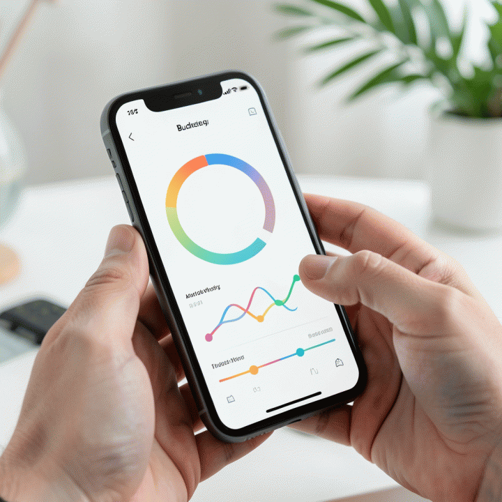 Tangan sedang melacak pengeluaran dan mengalokasikan dana menggunakan aplikasi budgeting di smartphone.