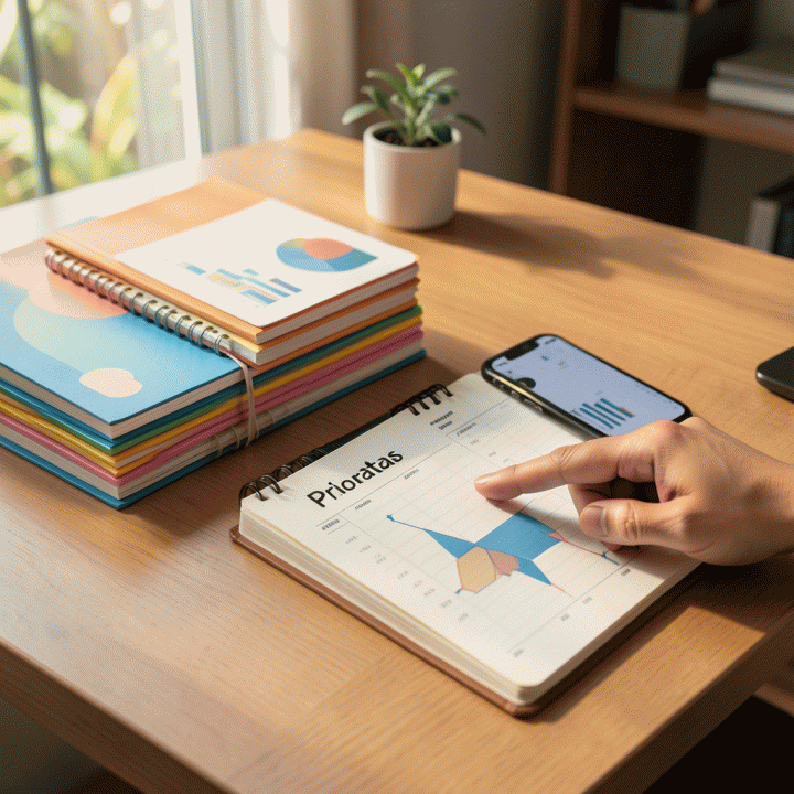 Ilustrasi meja kerja modern yang terorganisir dengan buku anggaran dan smartphone, menunjukkan konsep perencanaan keuangan dan pengaturan pengeluaran yang bijak.