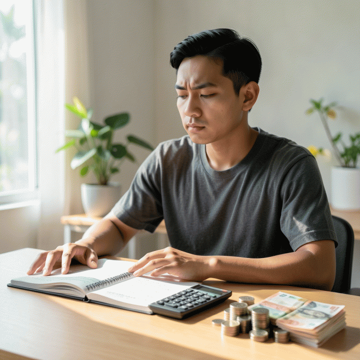 Ilustrasi fotorealistik seorang dewasa muda Indonesia yang sedang merencanakan keuangan dengan serius di meja minimalis, menunjukkan transisi dari beban menjadi ketenangan finansial.
