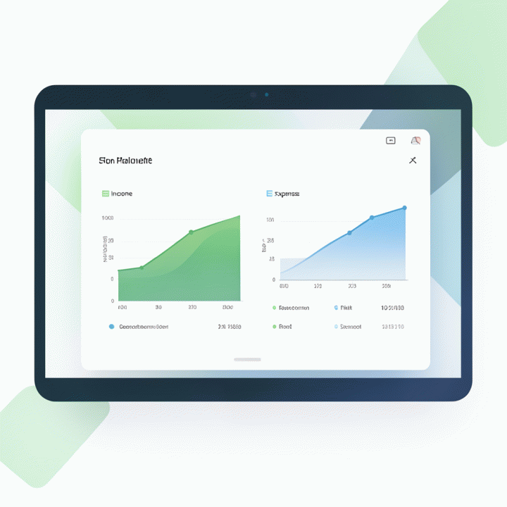 Visualisasi dashboard keuangan minimalis yang menunjukkan perencanaan keuangan yang efektif melalui grafik pendapatan, pengeluaran, dan tabungan yang terorganisir.