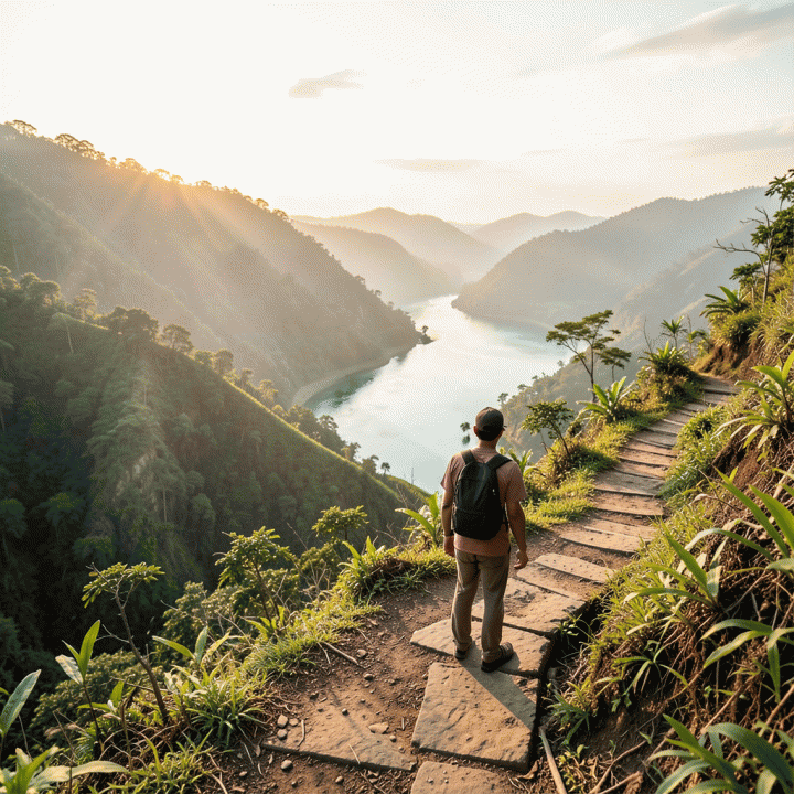 Seseorang berdiri di kaki jalan setapak gunung yang curam, menatap lembah yang cerah di kejauhan, melambangkan harapan untuk bebas dari beban utang.