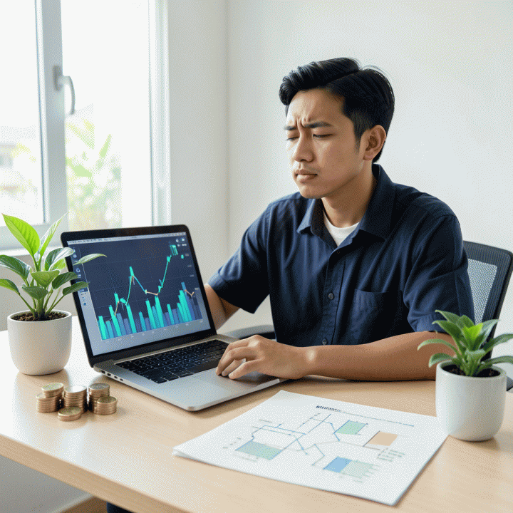Seorang profesional muda Indonesia yang tampak tenang dan terarah di meja kerja modern, dikelilingi metafora visual keuangan yang terorganisir dan pertumbuhan finansial.