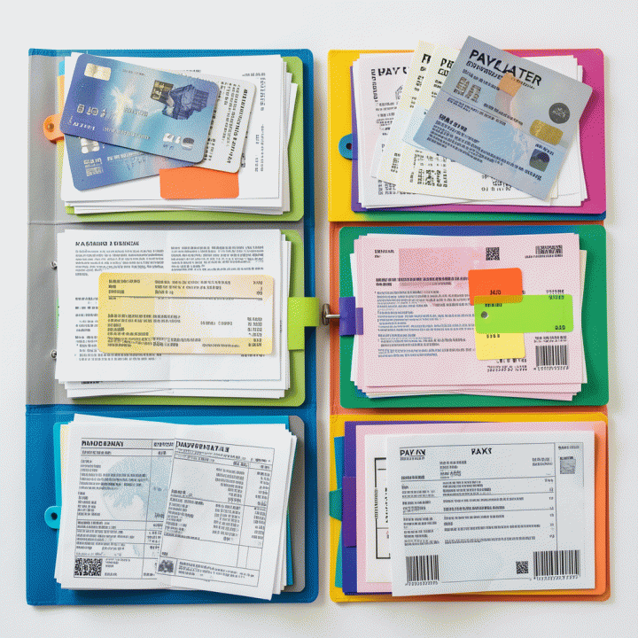 Tampilan datar (flat lay) yang rapi dan terorganisir dari berbagai jenis dokumen utang (kartu kredit, pinjaman, paylater) yang sedang dikelompokkan secara sistematis.