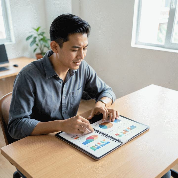 Seorang profesional Indonesia yang fokus meninjau data keuangan yang terorganisir pada tablet di meja kerja yang rapi, melambangkan perencanaan dan pengelolaan utang yang sistematis.
