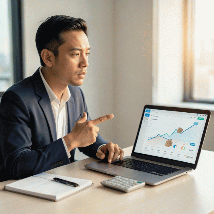 Seorang profesional muda Indonesia yang duduk di meja kerja minimalis, menatap dashboard keuangan di laptop, menunjukkan visualisasi pengelolaan dan pelunasan utang yang terstruktur dan terarah.