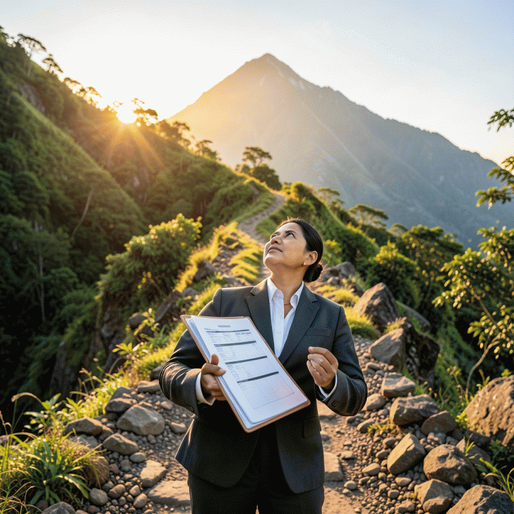 Ilustrasi sinematik seorang profesional Indonesia berdiri di kaki gunung, memegang buku catatan strategi keuangan, melambangkan perjalanan yang terstruktur menuju kebebasan finansial.