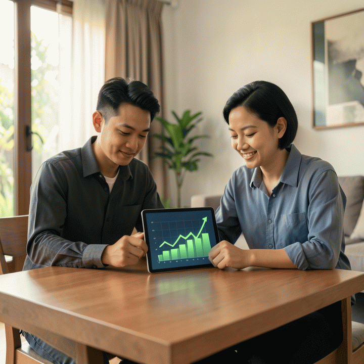 Pasangan muda Indonesia yang terlihat tenang dan percaya diri menganalisis grafik penurunan utang di tablet, melambangkan kontrol finansial dan keberhasilan bebas utang.