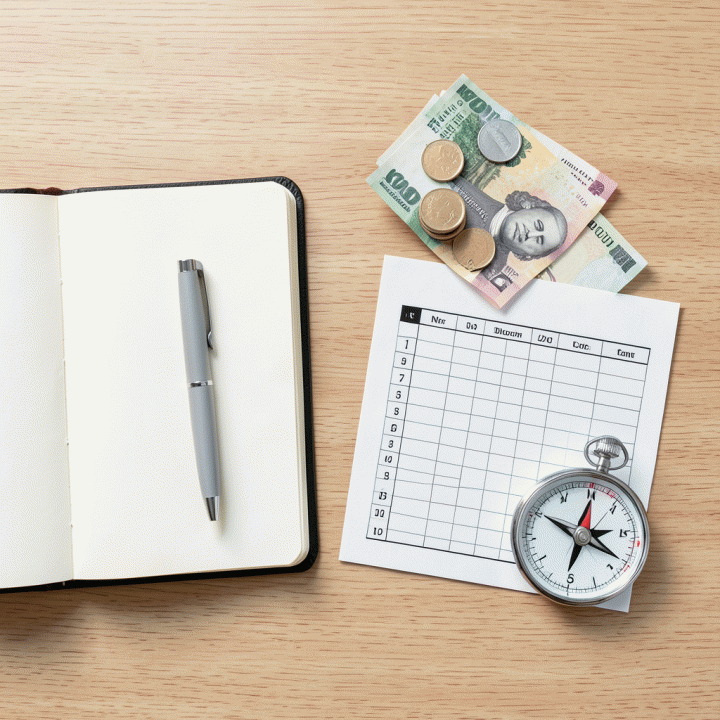 Foto penataan datar (flat lay) alat keuangan seperti buku catatan, pena, uang, dan kompas di atas meja kayu, melambangkan perencanaan keuangan yang terstruktur.