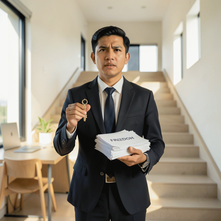 Seorang profesional muda Indonesia berdiri di kantor modern yang cerah dengan ekspresi optimis, melambangkan kebebasan finansial dan kemajuan setelah bebas dari utang.