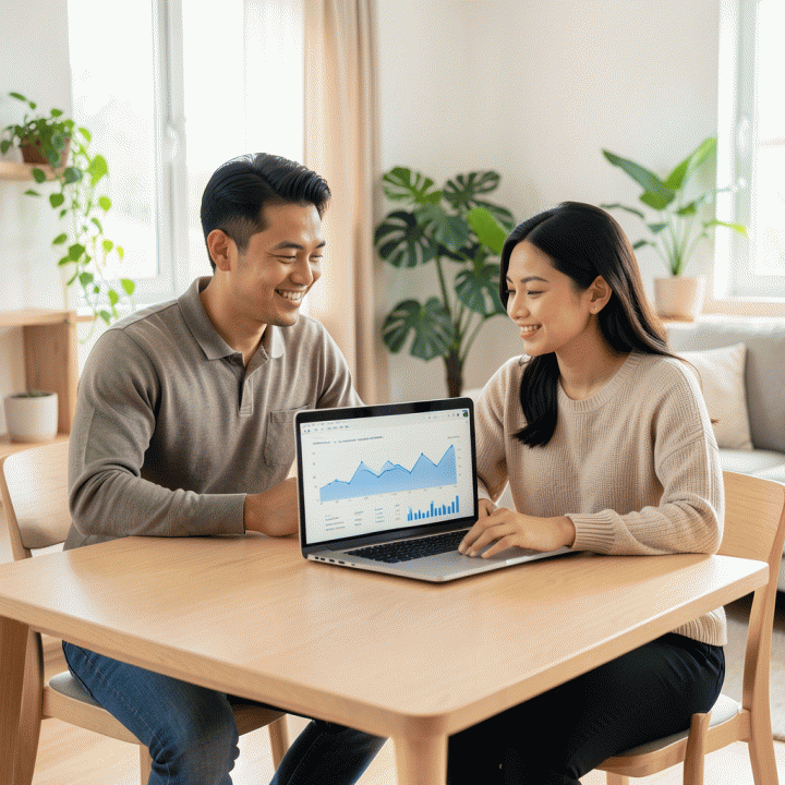 Pasangan muda Indonesia yang terlihat tenang dan percaya diri merencanakan masa depan finansial di sebuah ruang kerja modern dengan grafik keuangan abstrak.