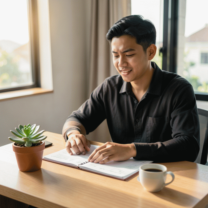 Seorang profesional muda Indonesia yang sedang duduk di meja kerja yang rapi, fokus pada perencanaan keuangan dengan ekspresi optimis dan terarah, melambangkan strategi keluar dari utang.
