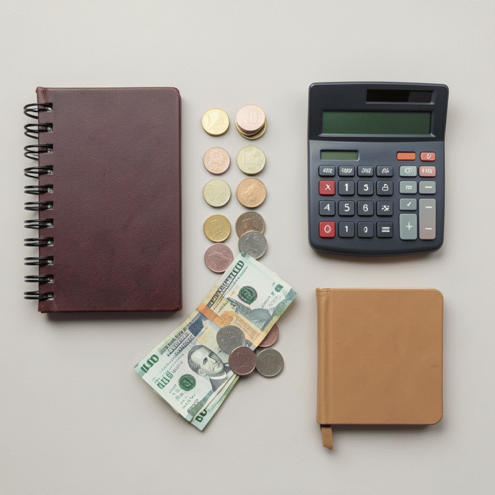 Tampilan datar (flat lay) alat-alat keuangan seperti buku catatan, uang, dan kalkulator yang tersusun rapi, melambangkan perencanaan finansial yang terstruktur.