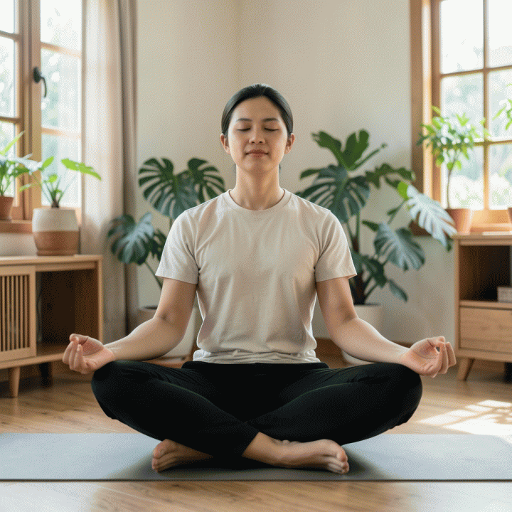 Seseorang sedang bermeditasi atau melakukan yoga ringan di ruangan yang tenang, melambangkan pengelolaan stres dan fokus mental untuk mencapai tujuan finansial.