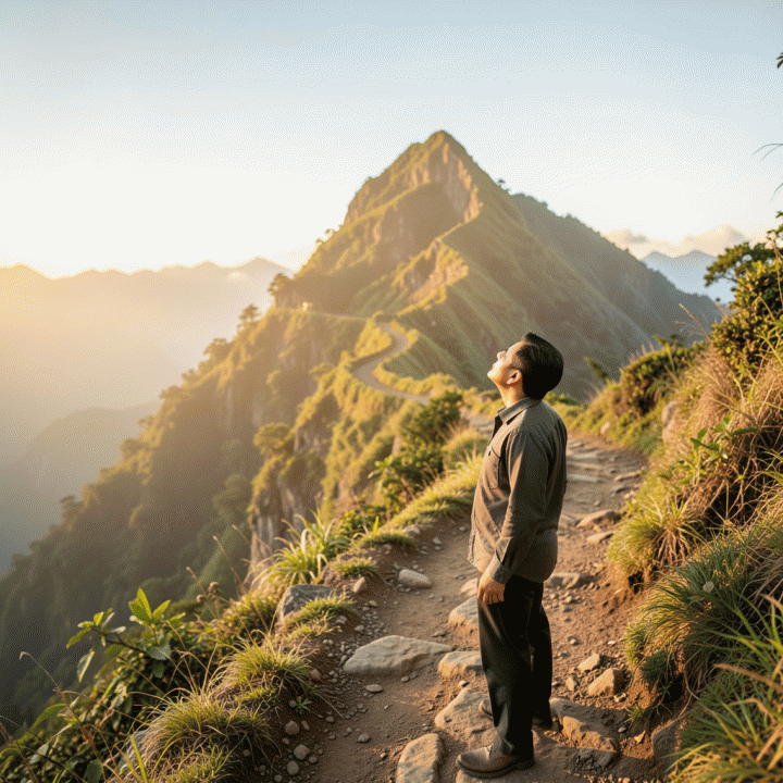 Seorang profesional Indonesia yang berdiri di kaki gunung, menatap puncak gunung yang cerah sebagai simbol mencapai kebebasan finansial dan bebas utang.