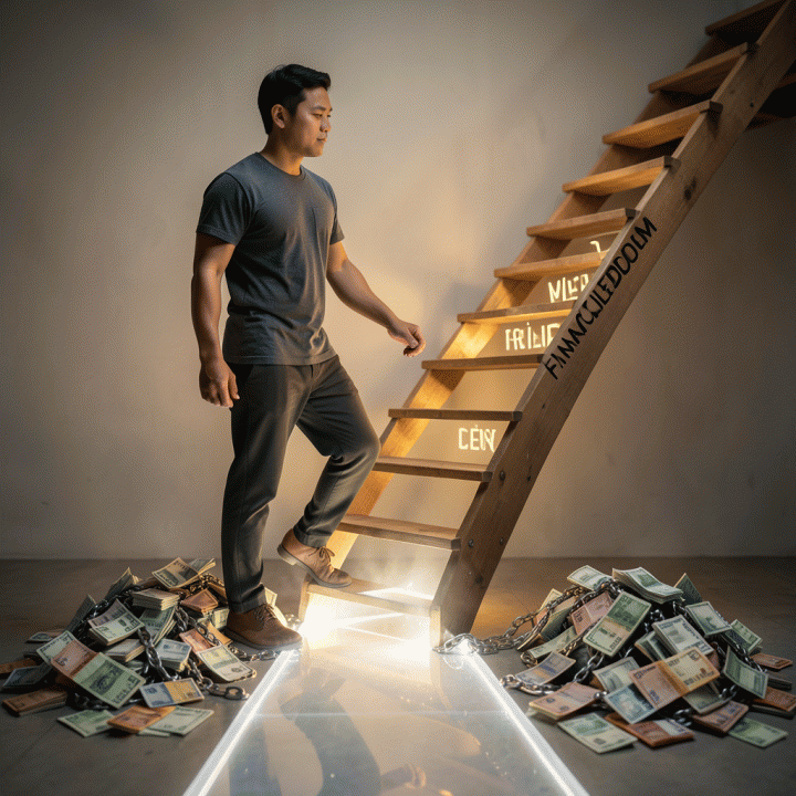 Ilustrasi sinematik seseorang yang didukung semangat untuk menaiki tangga menuju kebebasan finansial, meninggalkan beban utang yang terlihat di belakangnya.