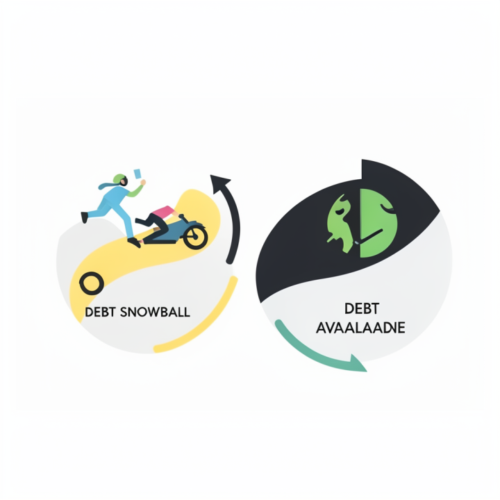Infografis perbandingan visual yang membedakan antara metode Debt Snowball (momentum) dan Debt Avalanche (efisiensi matematis).