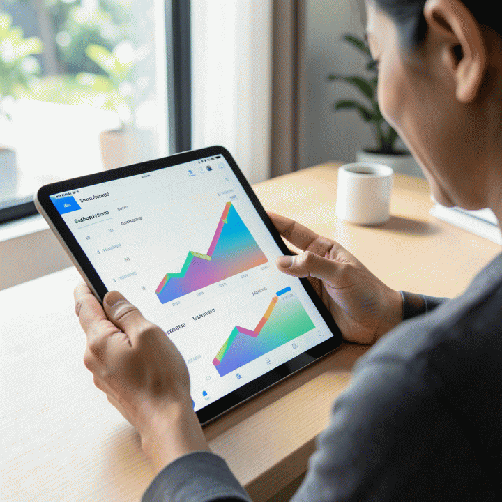 Seseorang mengelola keuangan dan melihat peningkatan tabungan serta penurunan utang di dashboard digital yang rapi.