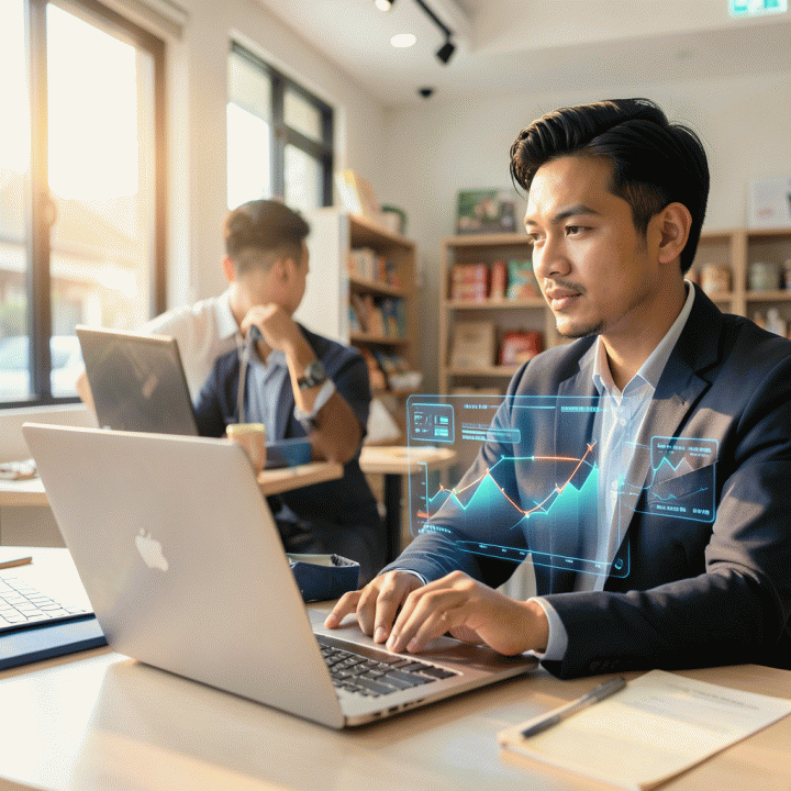 Seorang pengusaha Indonesia profesional di meja kerja modern yang melihat visualisasi data pertumbuhan bisnis masa depan di layar laptop, melambangkan strategi e-commerce yang maju.