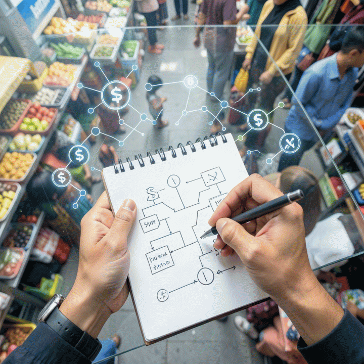 Pandangan dari atas tangan seorang perencana bisnis sedang membuat peta jalan strategi bisnis di notepad, dikelilingi elemen pertumbuhan e-commerce.