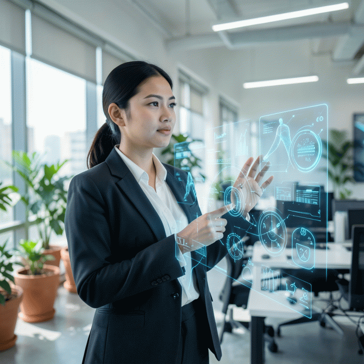 Foto sinematik seorang founder wanita Indonesia yang percaya diri, berinteraksi dengan antarmuka holografik data AI yang menampilkan konsep HealthTech dan pertumbuhan berkelanjutan.