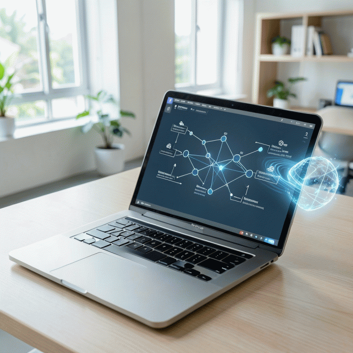 Laptop modern menampilkan antarmuka AI abstrak yang menunjukkan proses mengubah ide mentah menjadi rencana bisnis digital.
