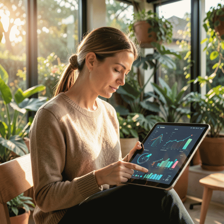 Founder wanita meninjau data tren pasar berkelanjutan dan kesehatan di lingkungan alami yang modern, didukung oleh visualisasi AI.