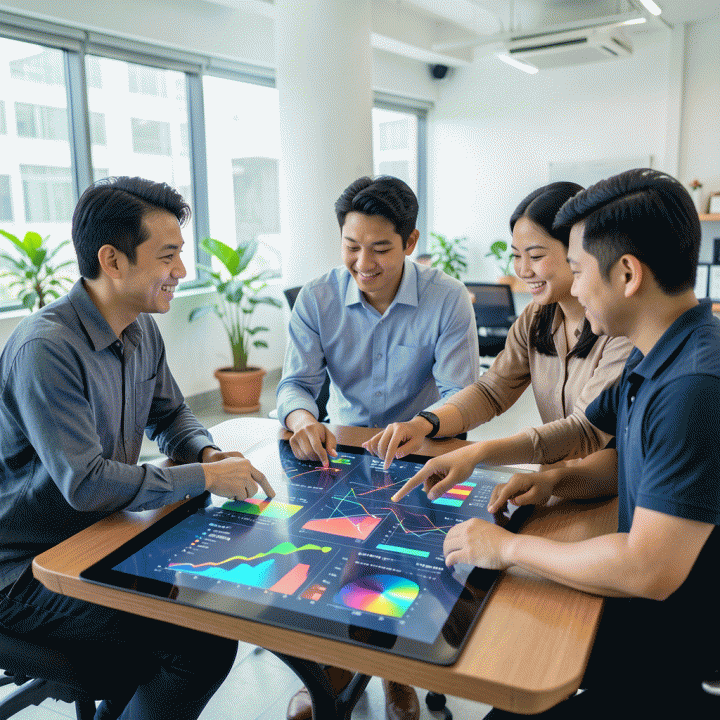 Tim profesional Indonesia berkolaborasi di depan layar sentuh besar, menganalisis data tren pasar dan merumuskan strategi bisnis berkelanjutan.