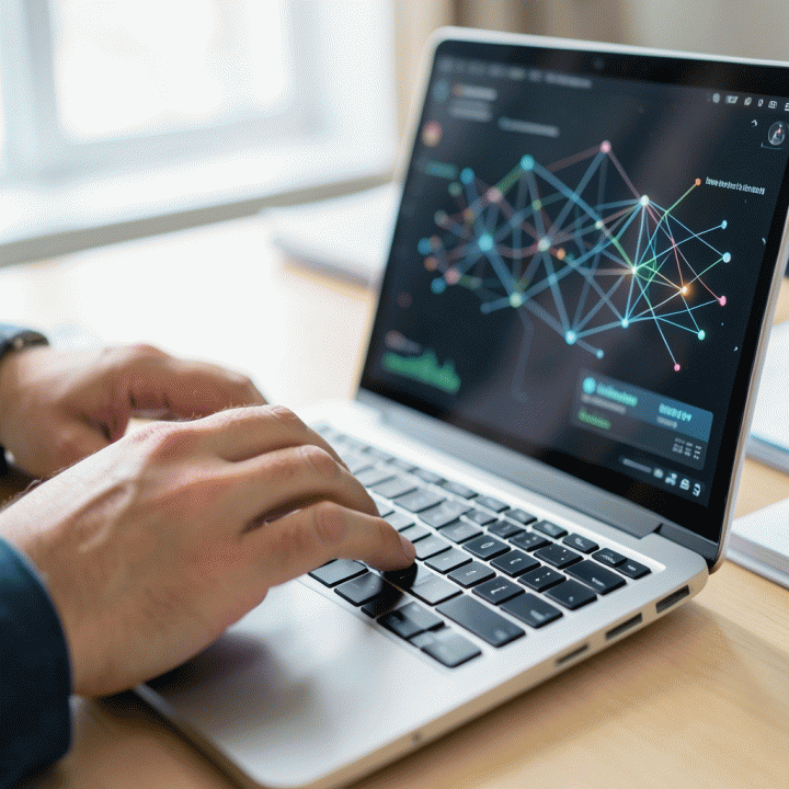 Tangan founder bekerja pada laptop, menunjukkan visualisasi data kompleks tentang solusi iklim dan keberlanjutan.