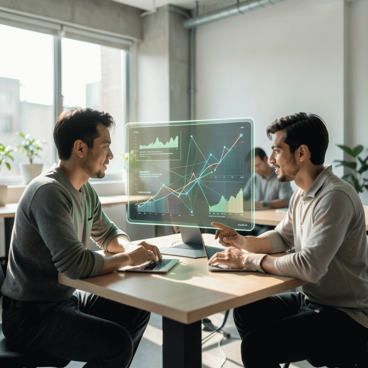 Dua founder startup di ruang kerja modern berkolaborasi di depan proyeksi hologram data energi berkelanjutan, melambangkan pengembangan bisnis climate-tech.
