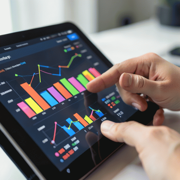 Tangan memegang tablet yang menampilkan dasbor analitik penjualan dengan grafik bar dan garis.