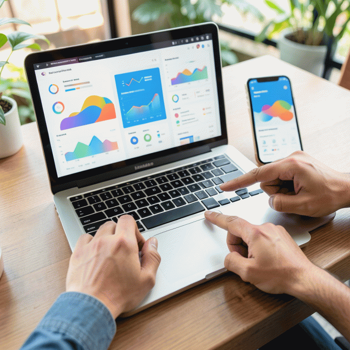 Tangan profesional menganalisis data dashboard abstrak di layar laptop dan smartphone, menunjukkan strategi e-commerce yang didukung AI.