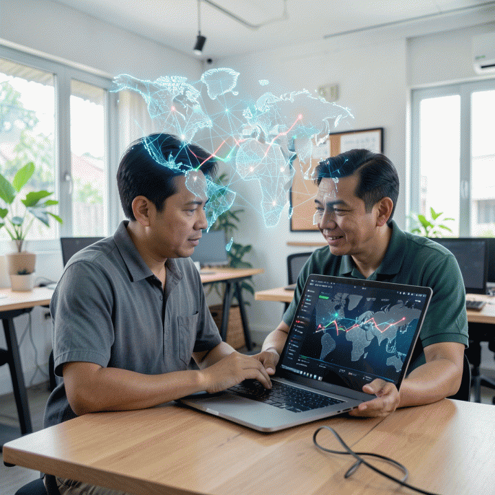 Seorang pemilik bisnis kecil Indonesia yang modern dan percaya diri menganalisis visualisasi data holografik AI yang menunjukkan tren pasar dan peluang pertumbuhan di ruang kerja yang cerah.