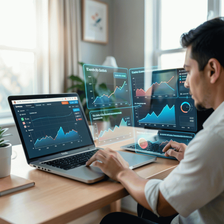 Seorang penjual e-commerce menganalisis data penjualan Shopee menggunakan dashboard analitik AI.