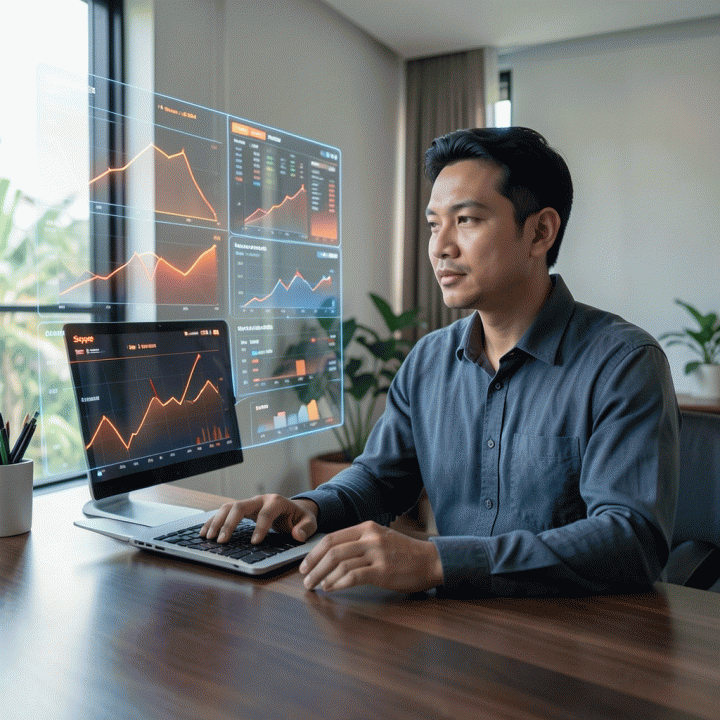 Seorang penjual e-commerce Indonesia profesional menatap antarmuka data holografik yang menampilkan grafik analisis bisnis dan tren penjualan yang kompleks di meja kerjanya yang modern.