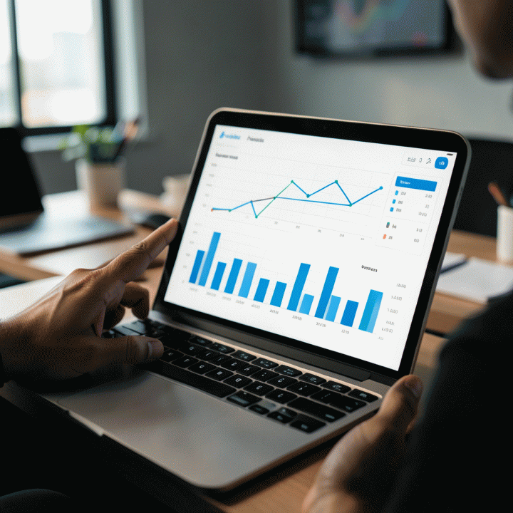 Tangan seller sedang menganalisis data bisnis di layar tablet dengan dashboard analitik yang visual.