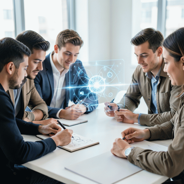 Tim profesional yang berkolaborasi dalam sesi brainstorming, menggabungkan ide manual dan visualisasi data holografik AI.