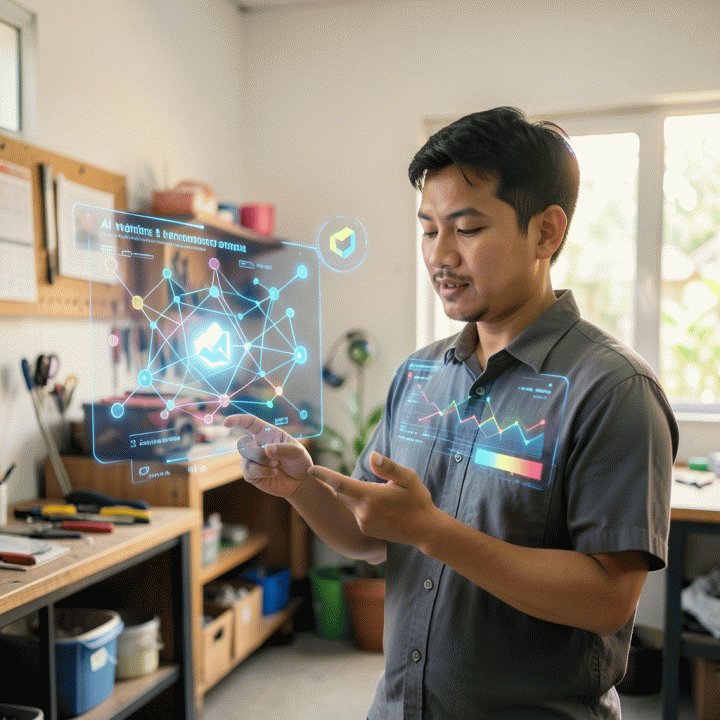 Seorang pemilik UMKM Indonesia yang profesional berinteraksi dengan visualisasi data holografik AI yang menunjukkan strategi branding dan pertumbuhan bisnis.