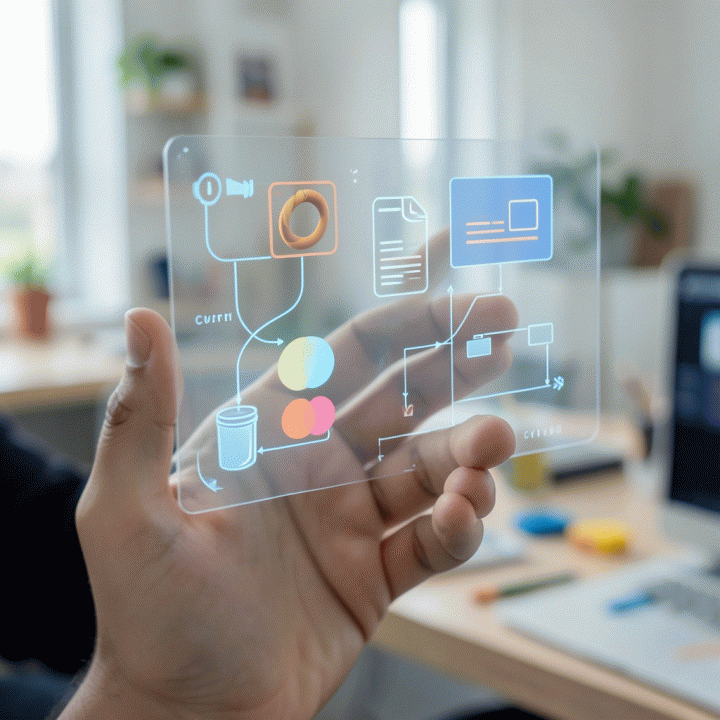Tangan pemilik UMKM berinteraksi dengan antarmuka digital abstrak yang menampilkan ide-ide konten dan strategi branding yang dihasilkan AI.