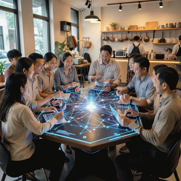 Kelompok pengusaha UMKM Indonesia berkolaborasi di sekitar permukaan digital bercahaya yang mewakili penyusunan persona dan strategi merek menggunakan AI.